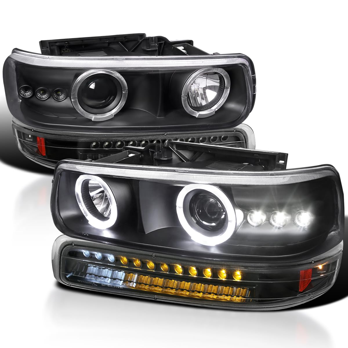 Spec-D Tuning Black LED Halo Projector Headlights + LED Bumper Lights Compatible with 1999-2002 Chevy Silverado 1500 2500 3500, Left + Right Pair Headlamps Assembly