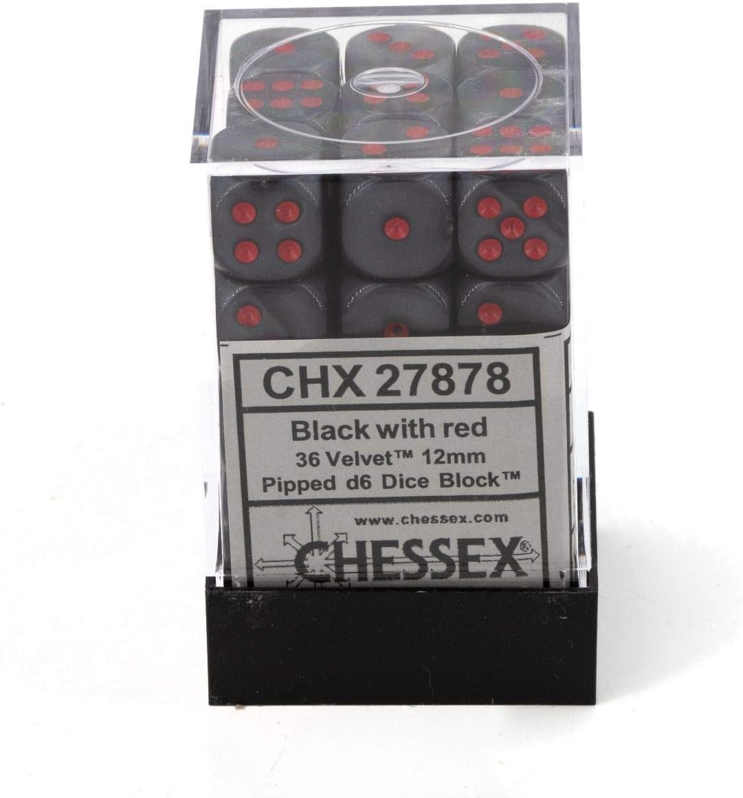 Chessex Dice d6 Sets: Velvet Black with Red - 12mm Six Sided Die (36) Block of Dice