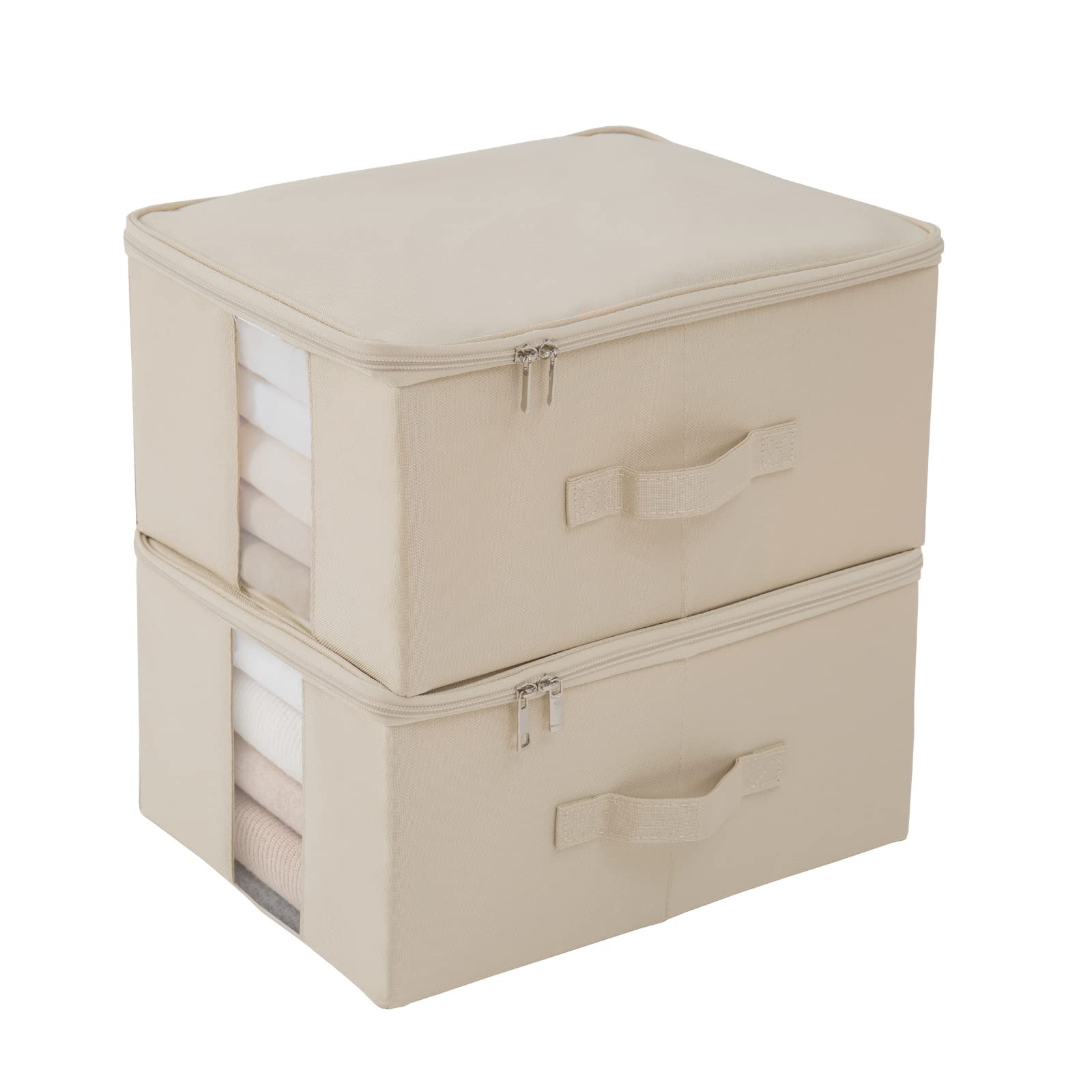 Under Bed Storage with Clear window/ 600D Sturdy Fabric, Underbed Storage Containers Bags for Clothes, Clothing, Blanket, Comforters Organizer (M（13.7x11x7in） for 8-10 T shirts, Beige)