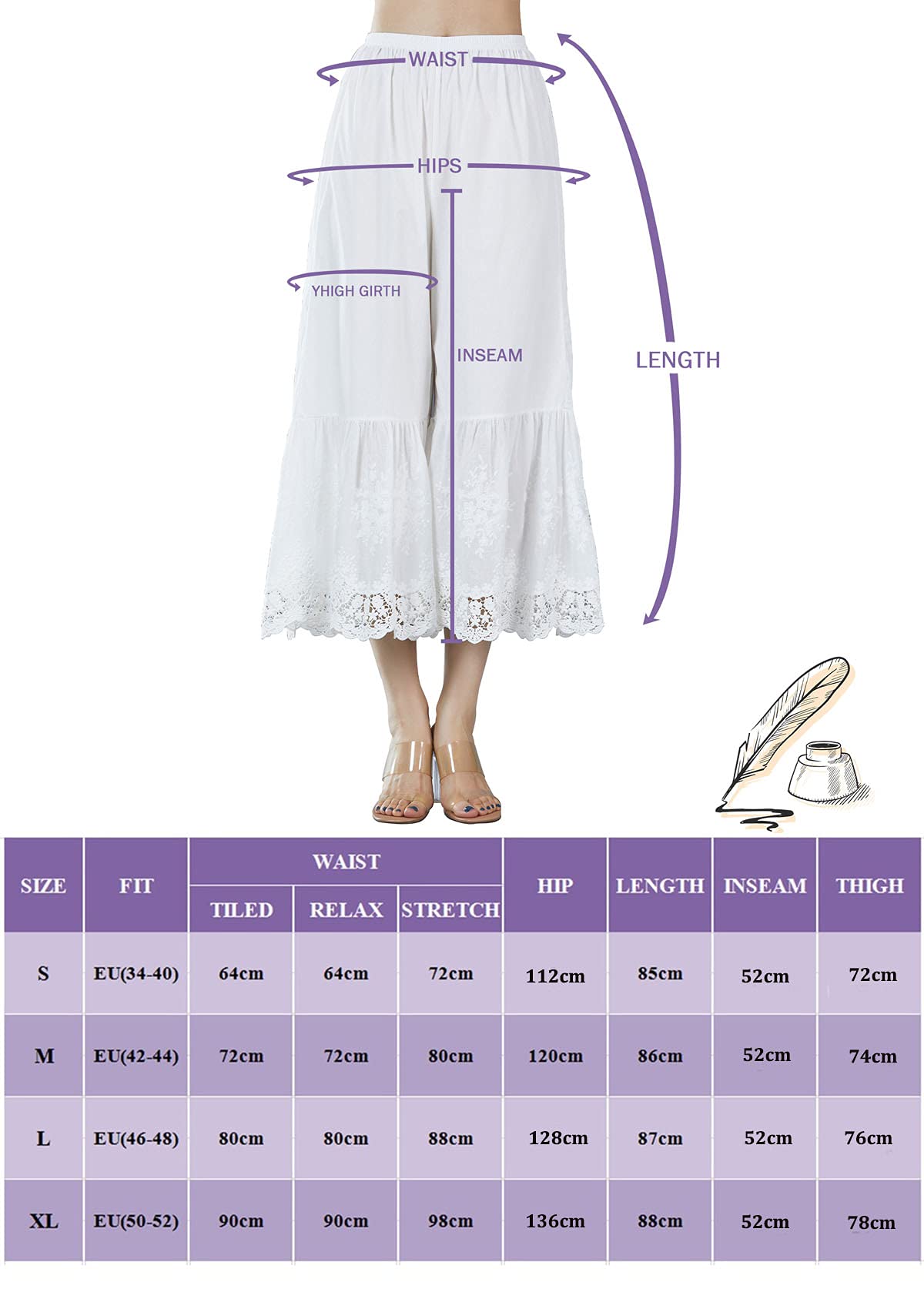 EAUTELICATE Capri Pantalon De Pyjama Femme Été Jupon sous-Jupe en 100% Coton Vintage Pantacourt Longue Ample Évasé à La Maison avec Dentelle Ivoire Crème