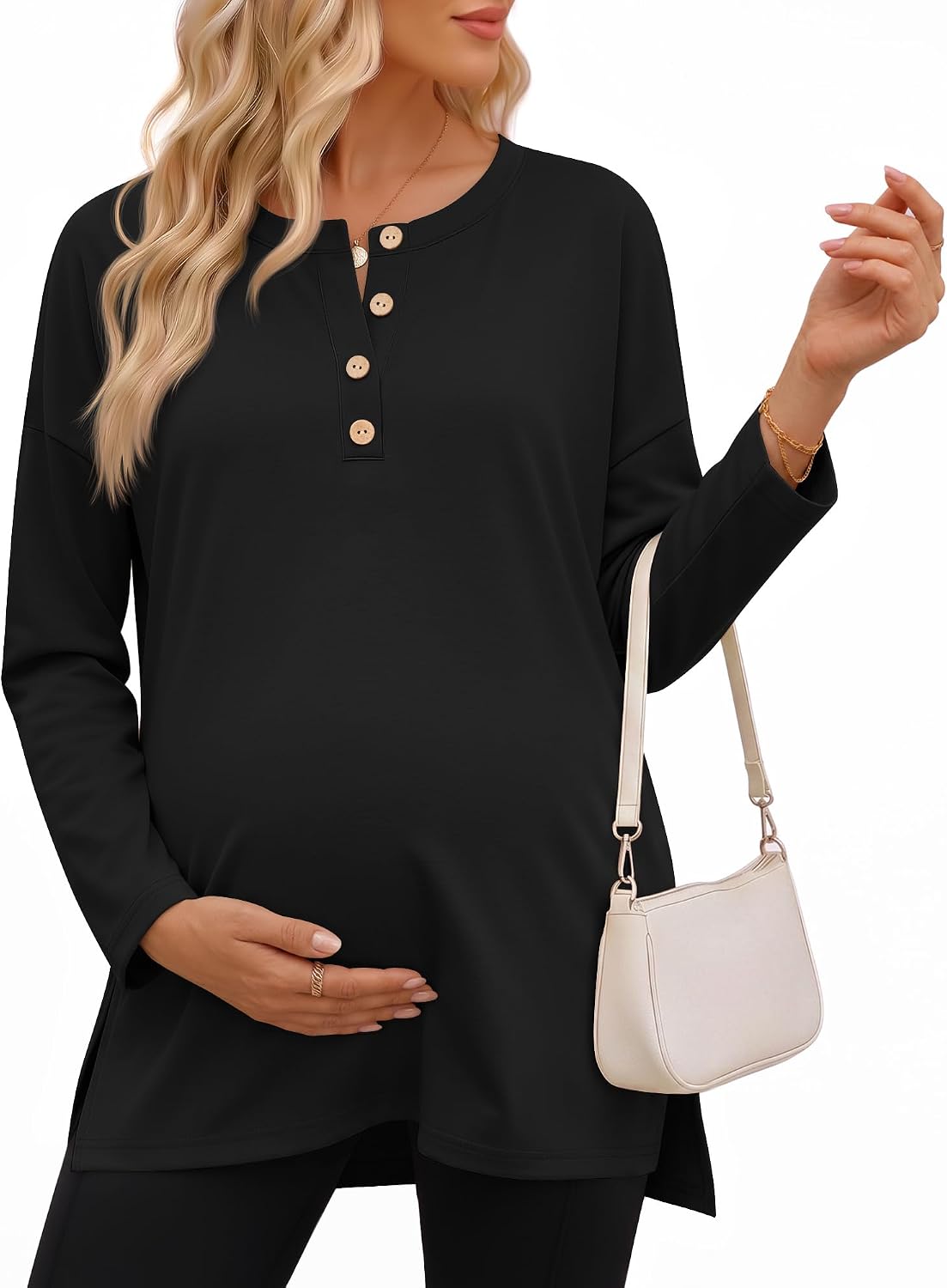 Ficerd Women Maternity Shirt Pregnant Long Sleeve Henley Top