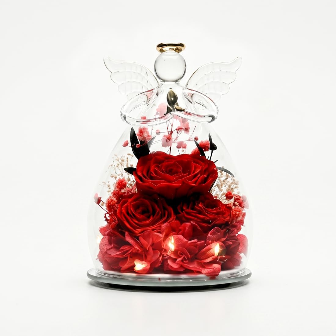 Preserved Flower Birthday Gifts for Women,Mothers,Grandma,Her | Champagne Forever Flower in Glass Angel Figurines with Gift Card,Light,Gifts for Memorial,Festival,Decoration
