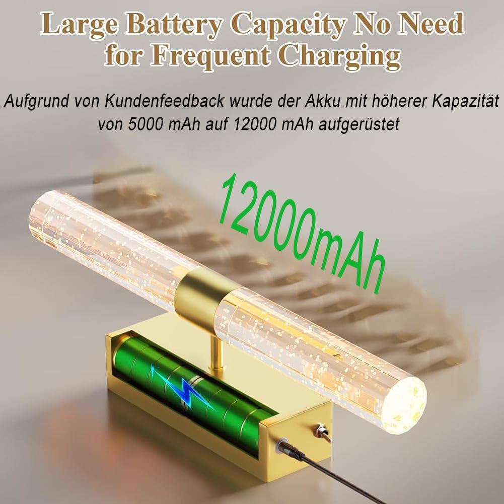 2 Stück LED Akku Gold Wandleuchte Kabellose Kristall Wandlampe mit Schalter und Fernsteuerung Dimmbar Ohne Stromanschluss Wandbeleuchtung Gold Innen Nachttischlampe Up und Down Beleuchtung