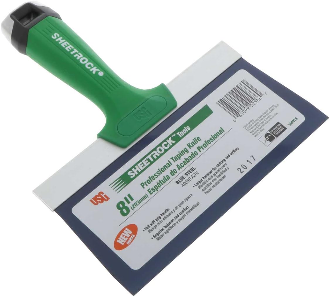 USG Sheetrock Pro Drywall Taping Knife, Blue Steel w/Soft Grip Handle & Hammer End (8-Inch Blade)