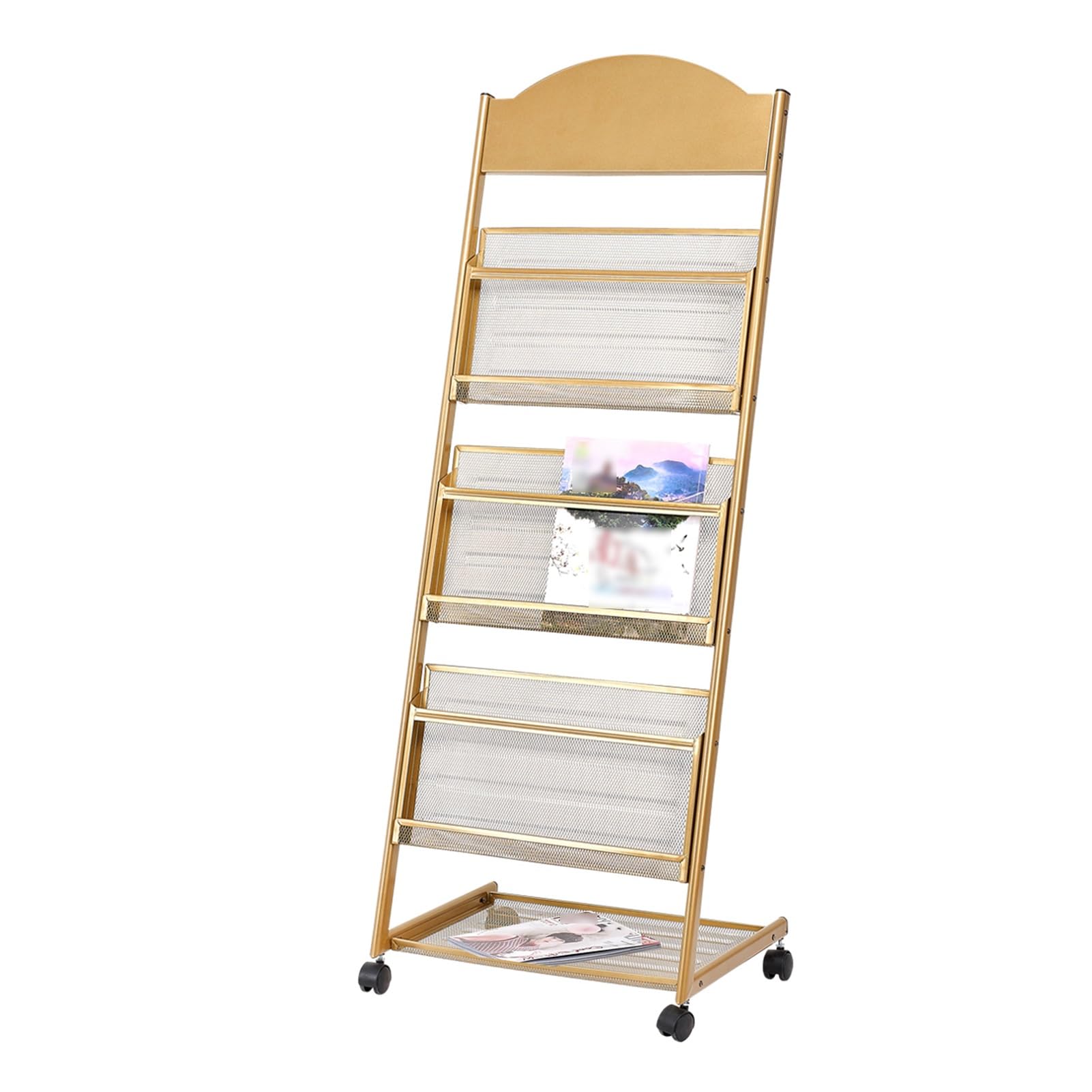 Jkjzsalj Gold 3/4-Layer Iron Magazine Rack With Wheels,Mobile Display Rack,Floor-Standing Brochure Stand,For Offices,Trade Show Exhibitions Office Retail Store,-48.5X35.5x131cm