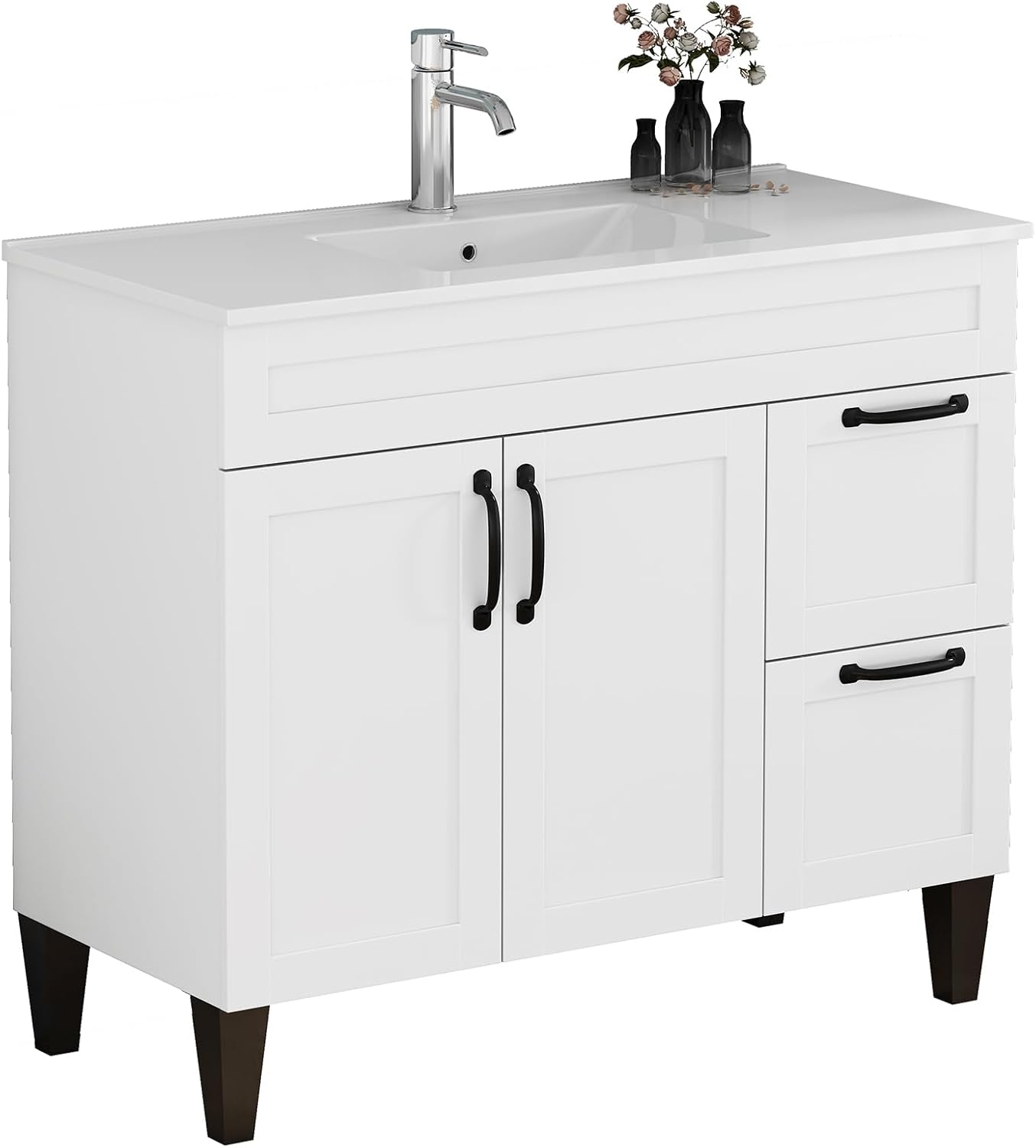 40" Freestanding Bathroom Vanity with Sink, White Shaker Cabinet with Black Hardware, Mid-Century Modern Tapered Legs, 2 Doors & Side Drawer Storage, Integrated Ceramic Top