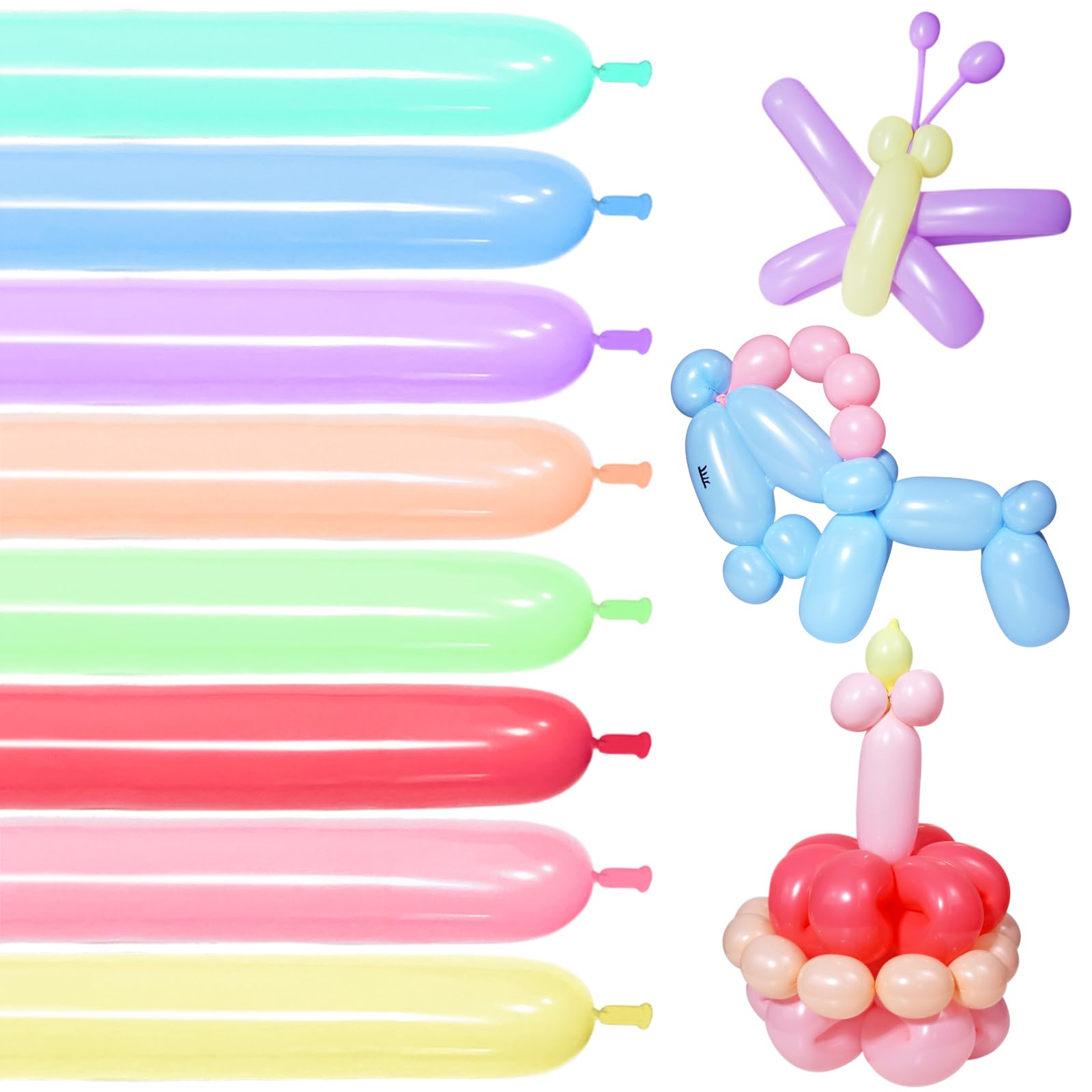 Photo 1 of 100Pcs Pastel Long Balloons forTying Balloon Arch, Assorted 260q Balloons Thickening Skinny Latex Twisting for Animals Shape modeling.