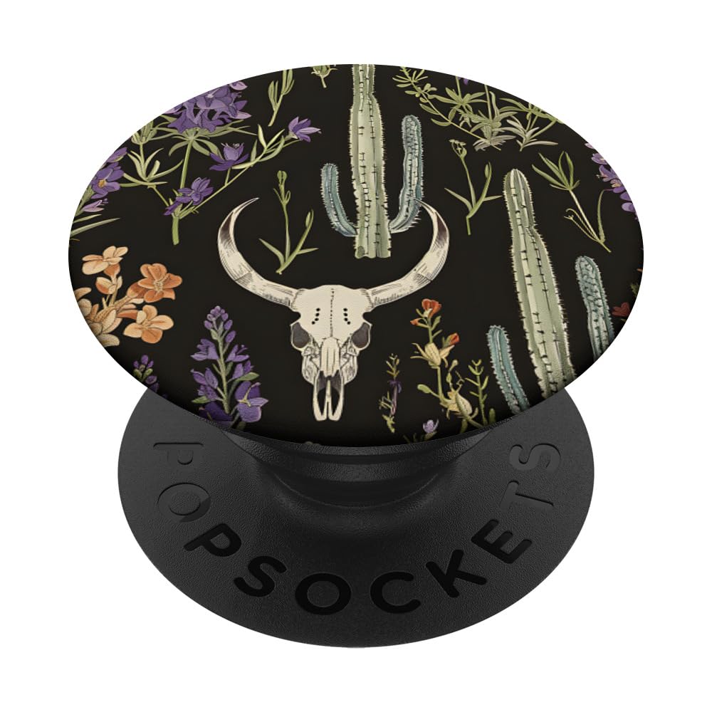 Salvia Flower Aztec Pattern Boho Cow Skull PopSockets Swappable PopGrip, Black