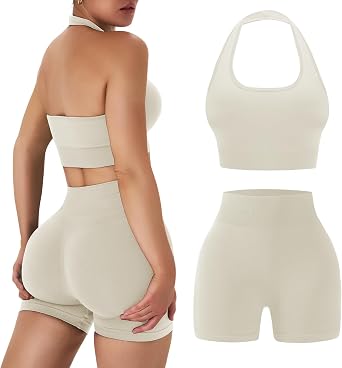 OLCHEE Workout Sets for Women 2 Piece Backless Halter Sports Bra High Waist Booty Shorts Yoga Gym Outfits Lounge Activewear