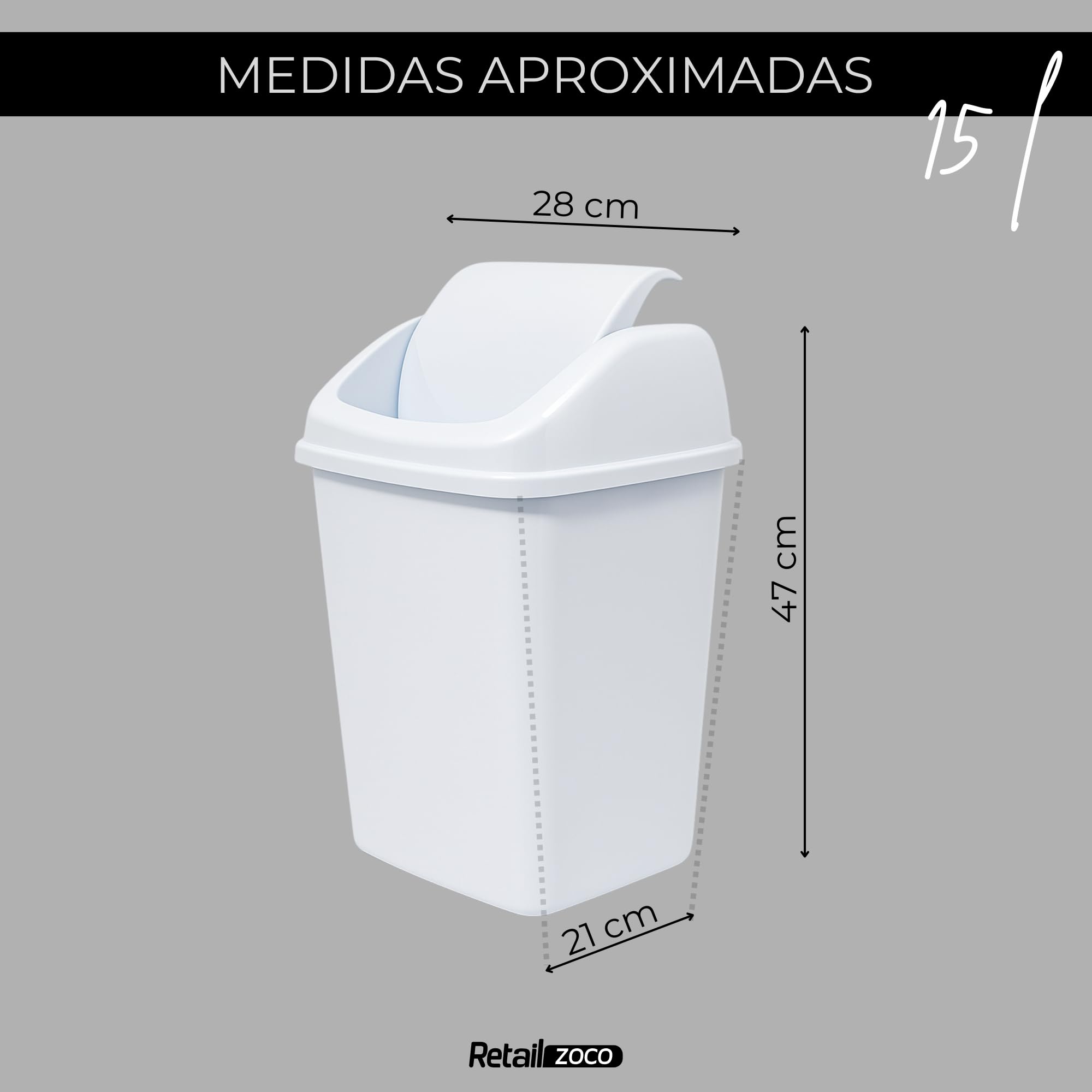 TECHZOCO Cubo basura apertura basculante 47 cm 15 Litros PP5 Plástico Libre BPA