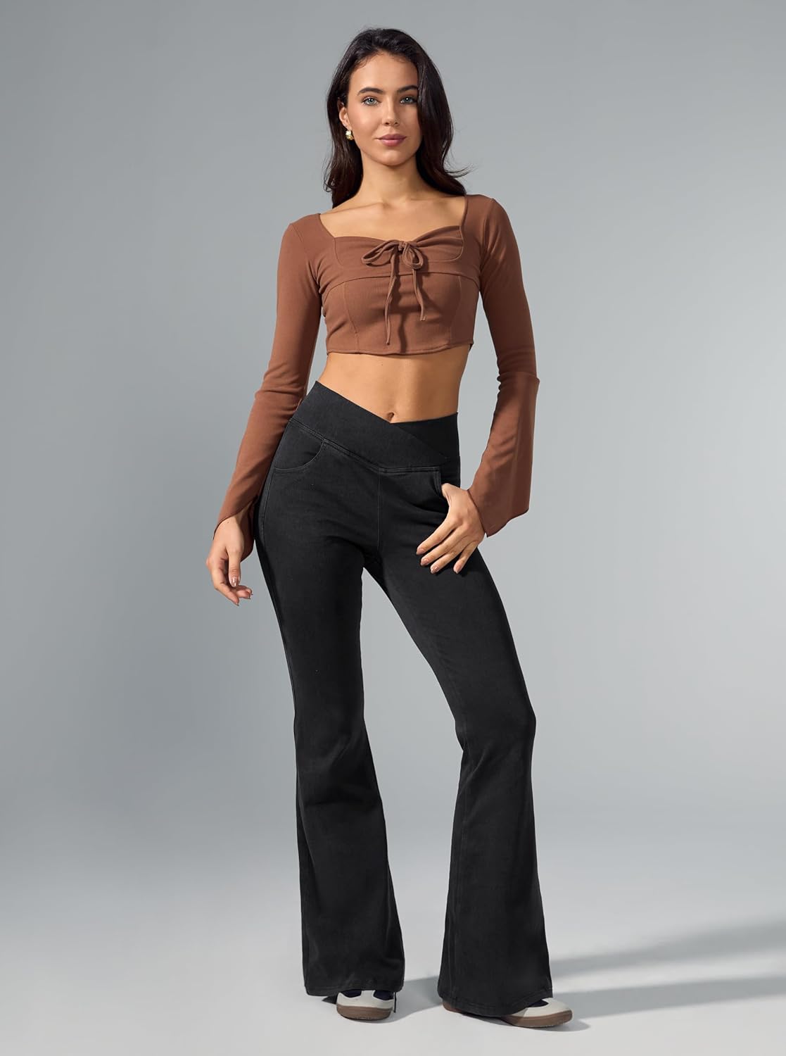 Rammus Flare Jeans for Women Crossover High Waisted Bell Bottom Jeans Trendy Yoga Pants Stretchy Flare Leggings with Pockets - Image 6