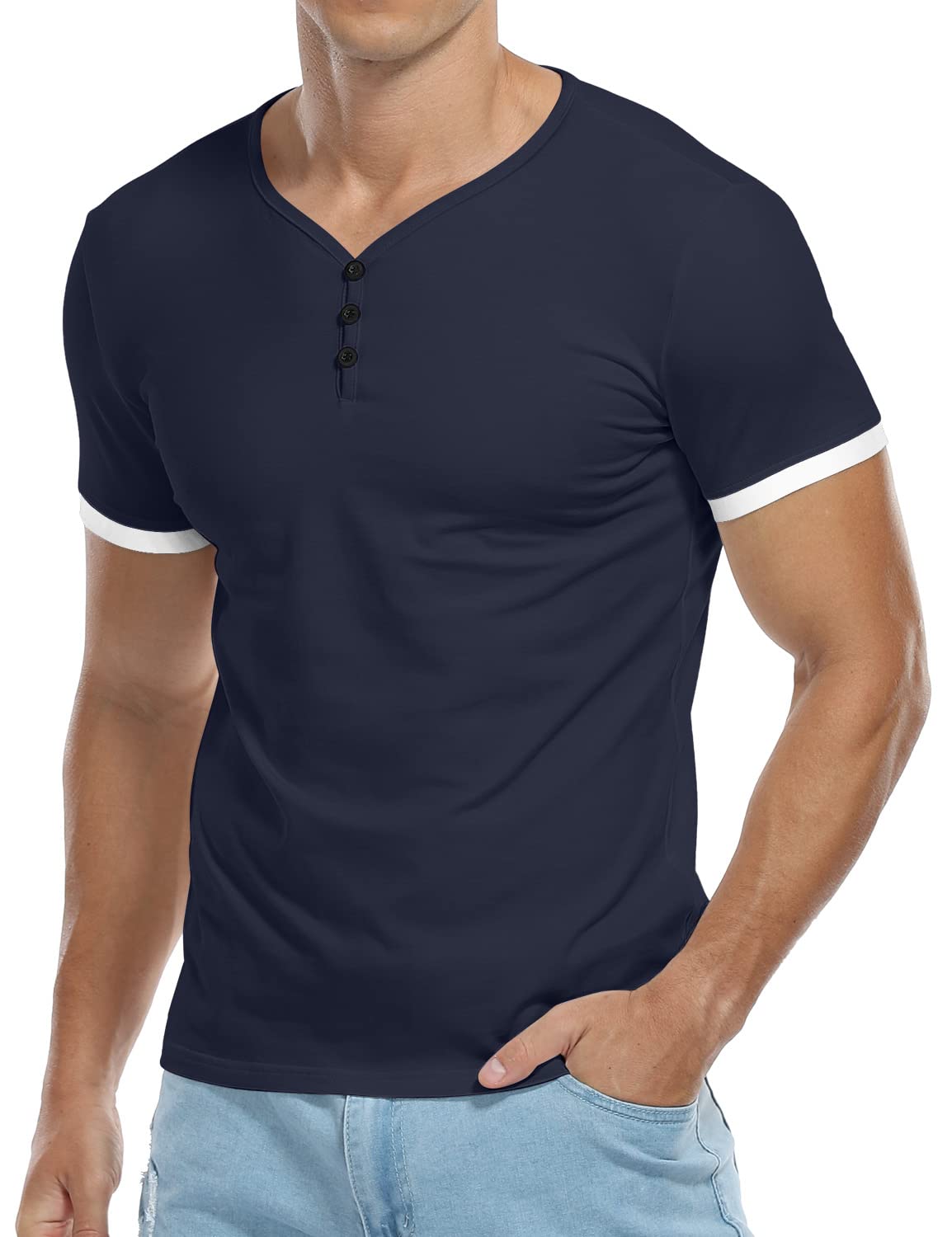 KUYIGO Men's Henley Shirts Short/Long Sleeve Casual Summer Slim Fit Cotton Shirts