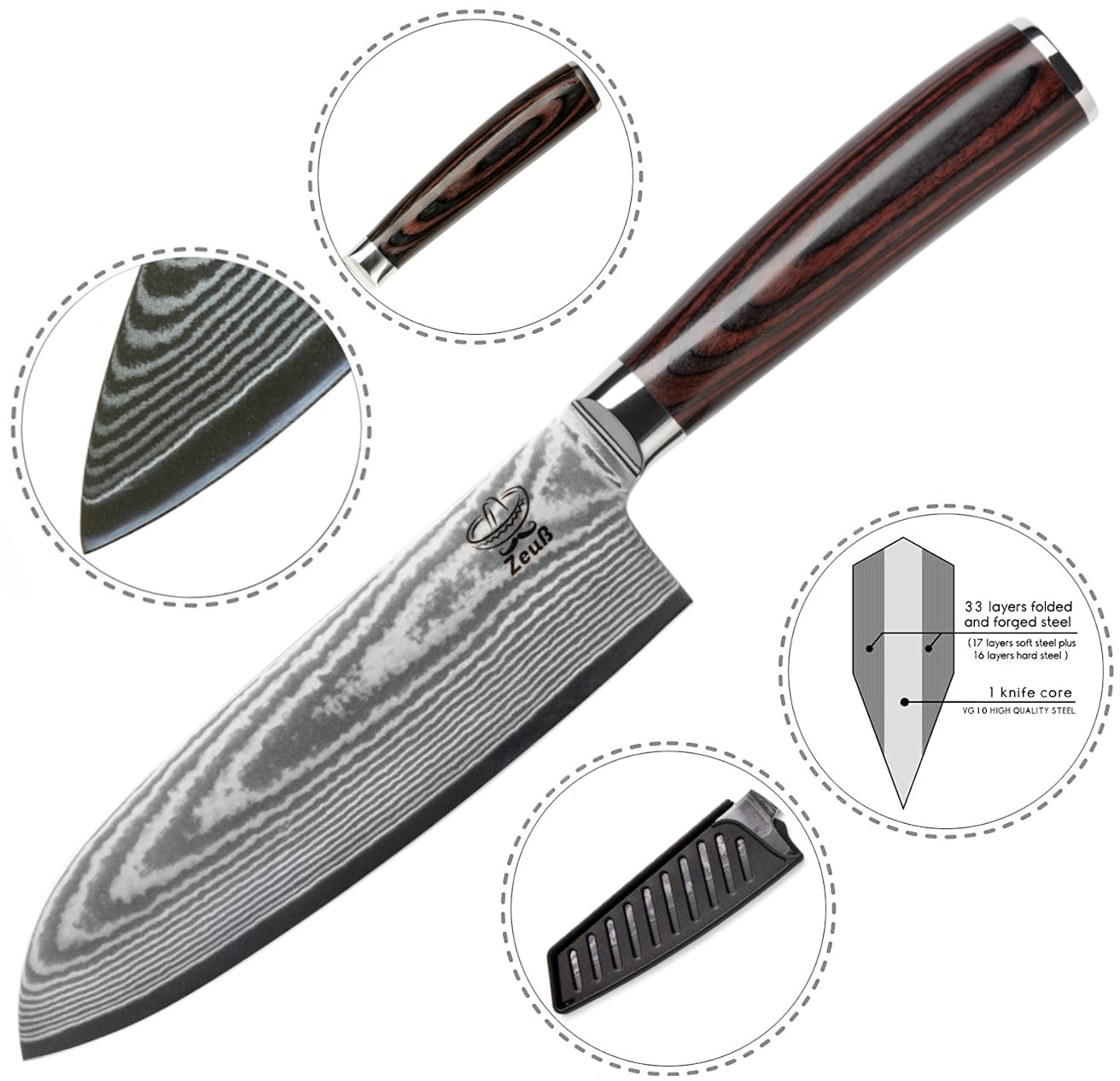 Damastmesser Santoku Messer XL (30 cm) TÜV geprüfter 62 HRC Damaststahl aus 67 Lagen I Damast-Küchenmesser Santokumesser mit Schleifstein Holzgriff Geschenkbox und Klingenschutz