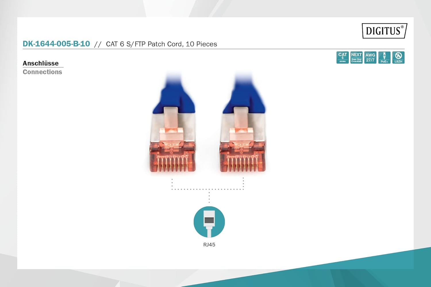 DIGITUS CAT 6 S-FTP Patch Cord, Cu, LSZH AWG 27/7, Length 0.5 m, 10 Pieces, Color Blue