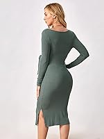 Vista 2 de OYOANGLE Vestido midi ajustado de manga larga con nudo frontal y cuello cuadrado para mujer