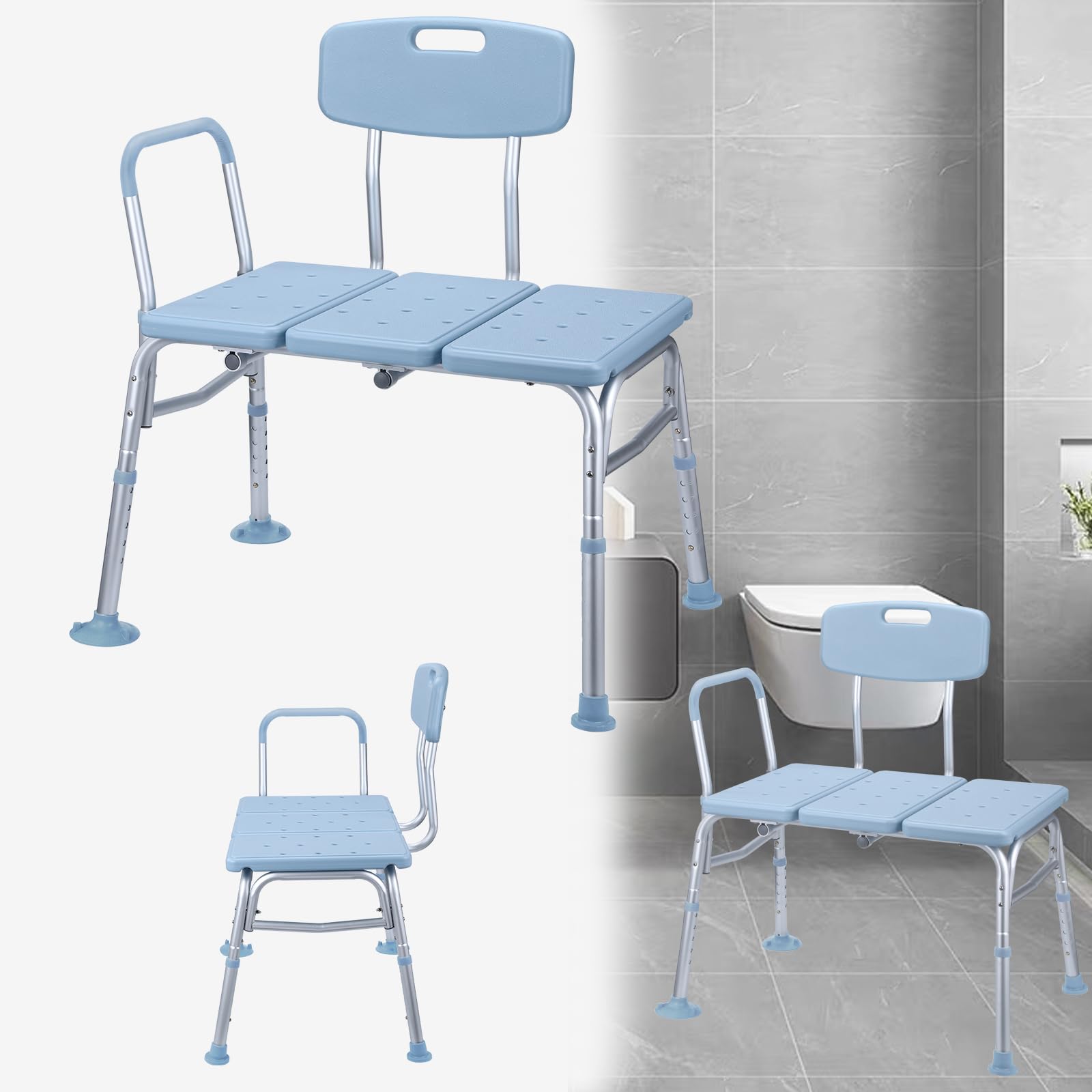 Taburete para ducha, altura regulable, asiento para bañera, antideslizante, con respaldo y reposabrazos, taburete de baño, asiento ampliado (modelo E)