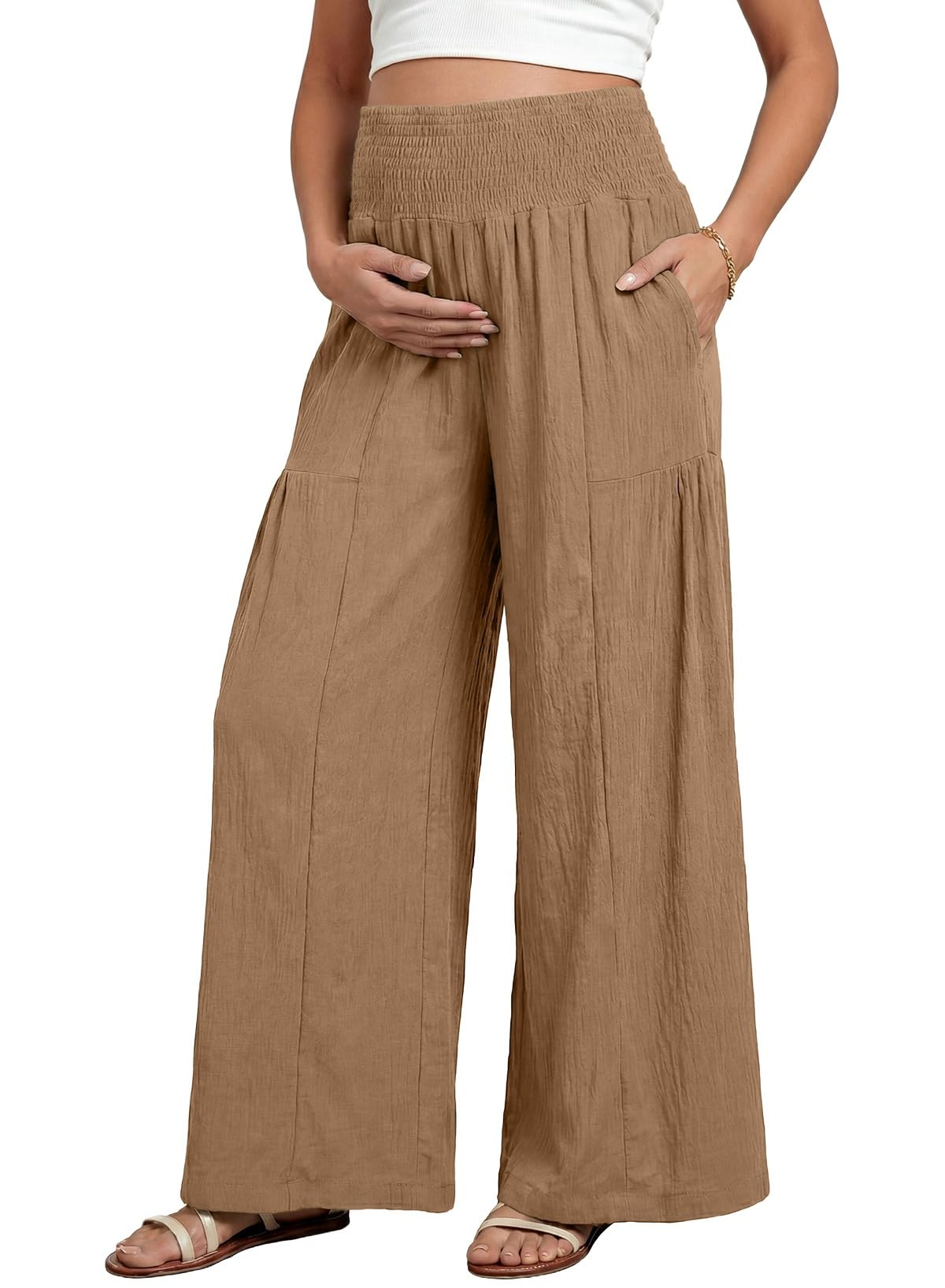 BLENCOT Maternity Smocked Waist Palazzo Pants Wide Leg Casual Trousers