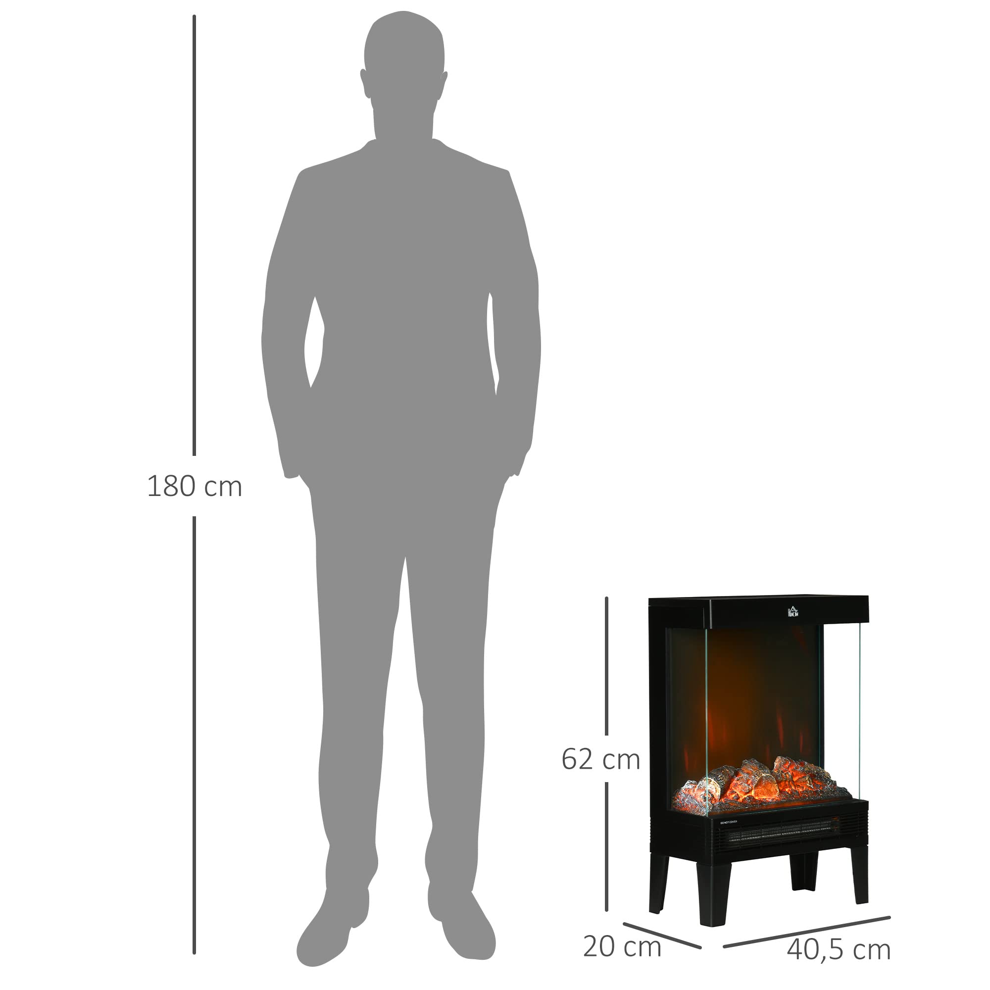 HOMCOM Chimenea Eléctrica 1000W/2000W Llama LED Ajustable Termostato Protección Sobrecalentamiento 15-20 m² Negro