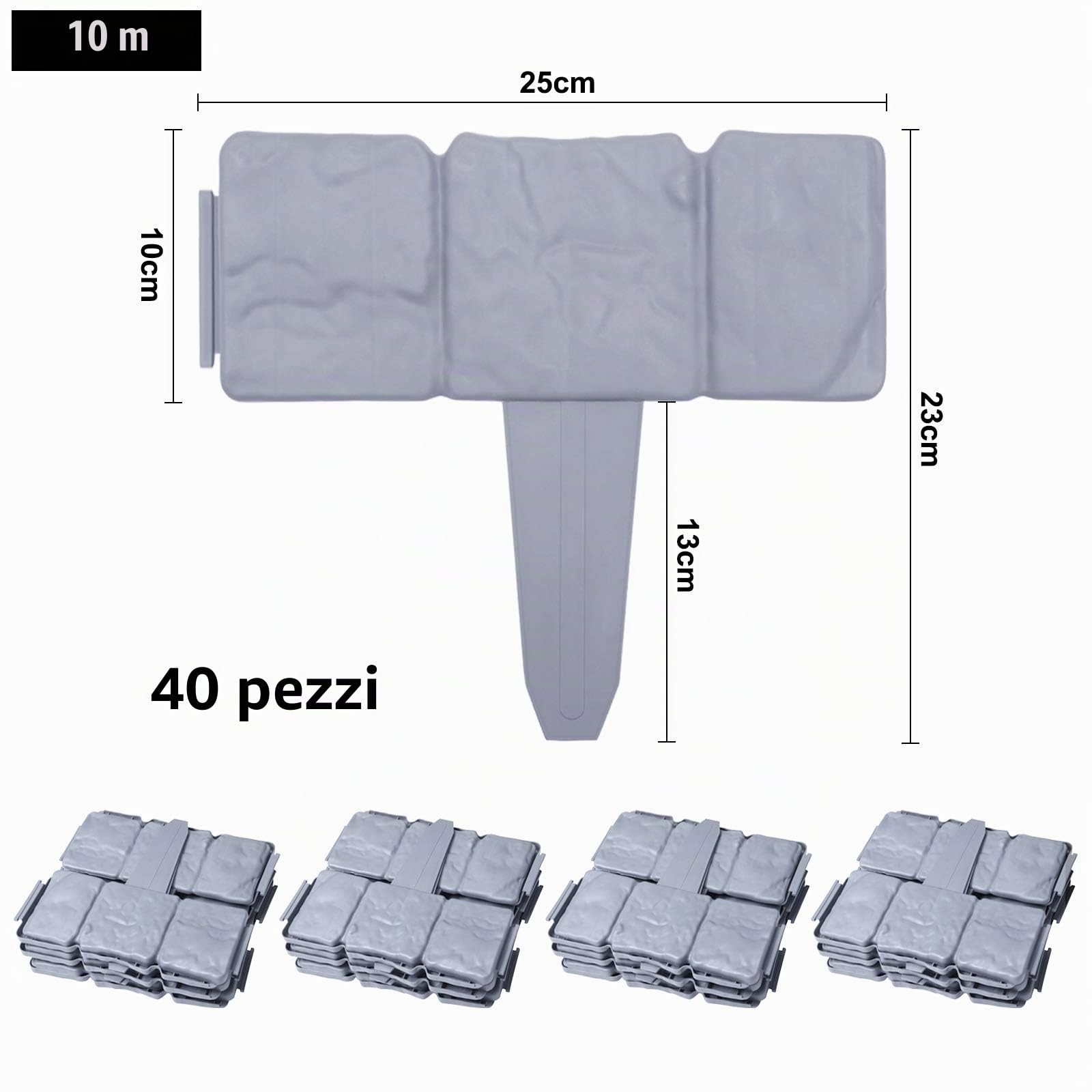 UISEBRT 40 Pezzi Bordo per Giardini Grigio 10m, Bordo per Prato in plastica, Effetto Pietra, Palizzata per Giardino Bordo Aiuole, Grigio