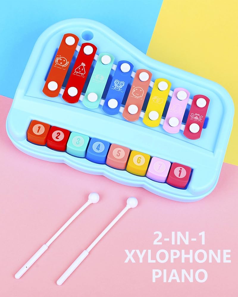 2 in 1 Piano Xylophone for Toddlers ,8 Multicolored Cause and Effect Toys Baby Xylophone,Musical Instrument Toy Piano for Toddlers (Blue)