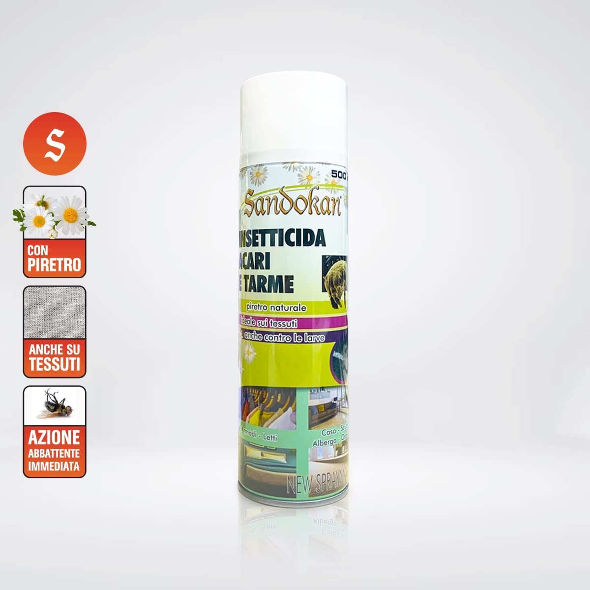 Sandokan, Insetticida Acaricida Spray 500ml, Spray Antiacaro per Materassi e Tessuti a Base di Piretro Naturale, Anti Acari Tarme Zecche e Ragni, Non Macchia e Non Puzza, Made in Italy