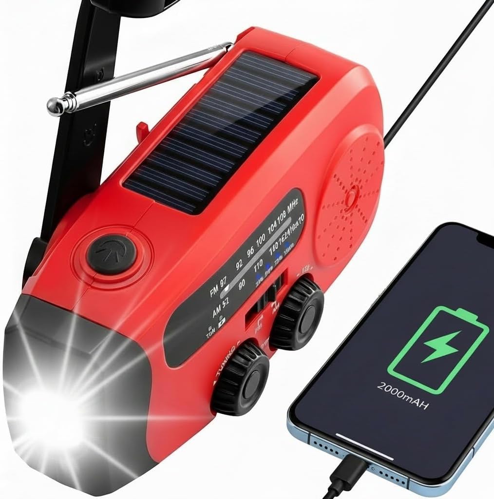 Aufziehbares Solarradio, Notfallradio, tragbares Notfall-Solarradio, 2000 mAh wiederaufladbare Powerbank, SOS-Alarm, USB-Telefon-Ladegerät, Notfall-Nutzung für die