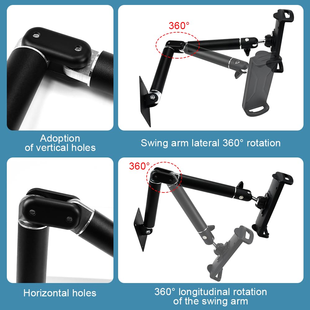 Soporte de Pared para Tablet, Soporte para Teléfono Móvil Tablet iPad de 4 a 13 Pulgadas Soporte de Pared para iPad Giratorio 360º con Largo Brazo Extensible de Aleación de Aluminio