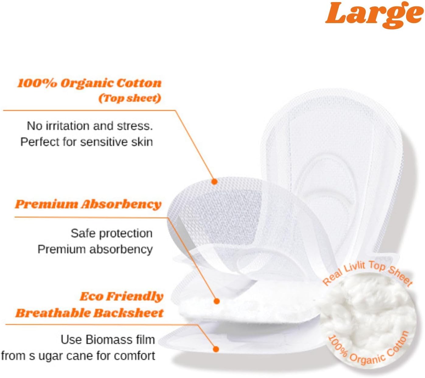 Livlit Organic Cotton Sanitary Pad Bundle – Regular Pads 36pcs + Large Pads 32pcs, Chlorine Free, Unscented, Ultra Absorbent Period Care image 4