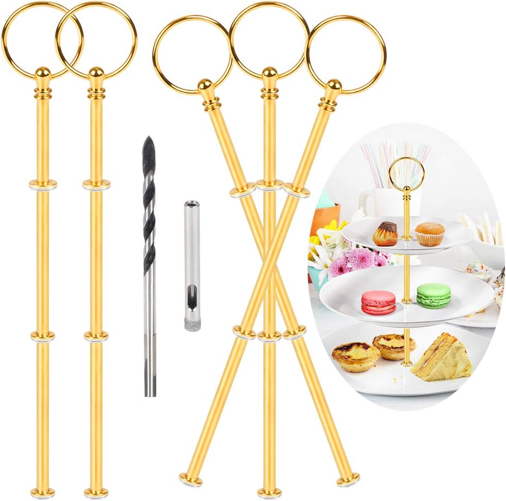 Smart Nice 5 Sets Cake Stand Fittings Kits Cake Plate Stand Fittings Gold Tiered Vintage Cake Stands Handles 2/3 Tier kit Included Drill Bits for Party Wedding (Round-Gold)