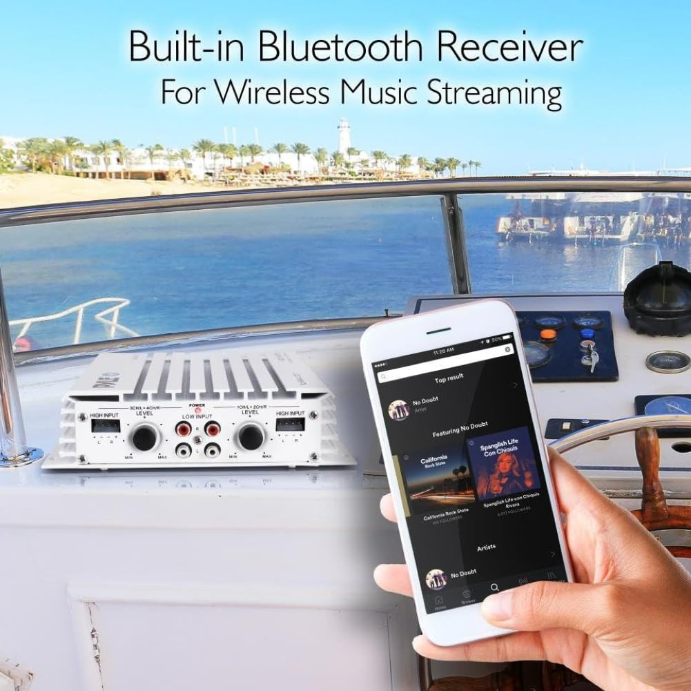 KIT SET PARA PYLE PLMRA410BT 1 Amplificador marino de 4 canales, clase AB, 4 x 100 vatios máx., impermeable, conectividad Bluetooth 2.1, para piscinas, barcos, embarcaciones, 1 pieza + cables gratis
