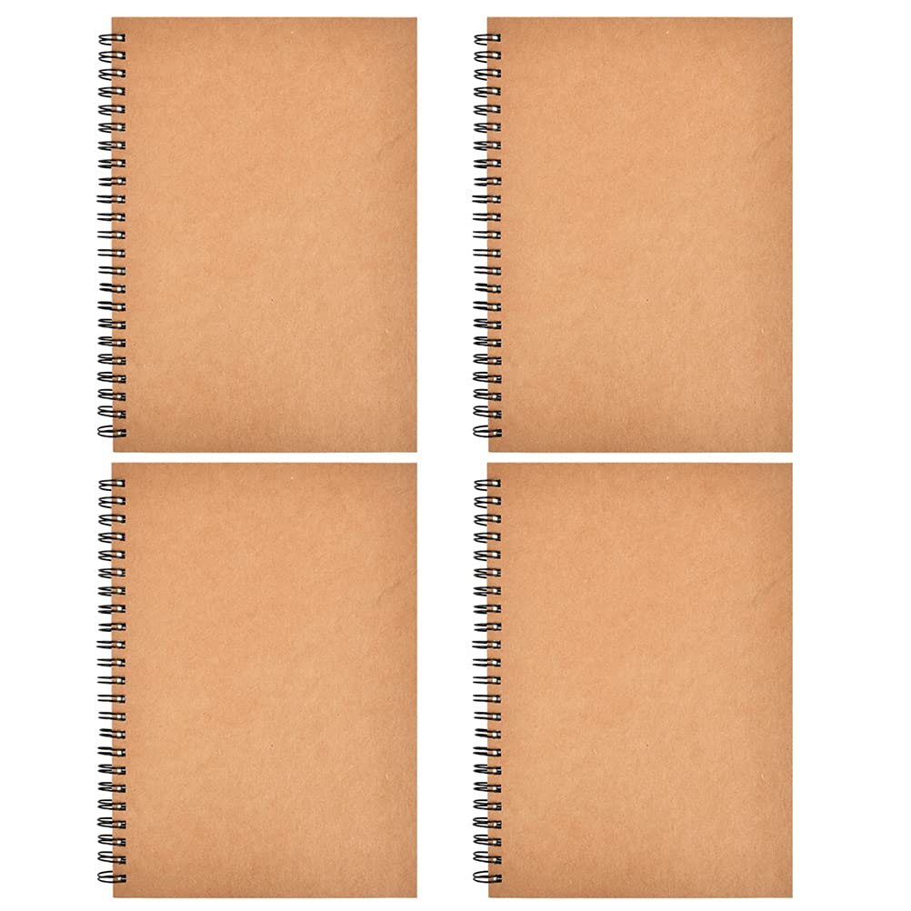 4 Stück A5 Skizzenbuch, Spiraleinband, leere Seite, Skizzenbuch, Skizzenblock, Krafteinband, Skizzenblock, Kunstbuch, 50 Blatt, blanko Papier-Skizzenbuch für Memos, Malen und Graffiti (braun)