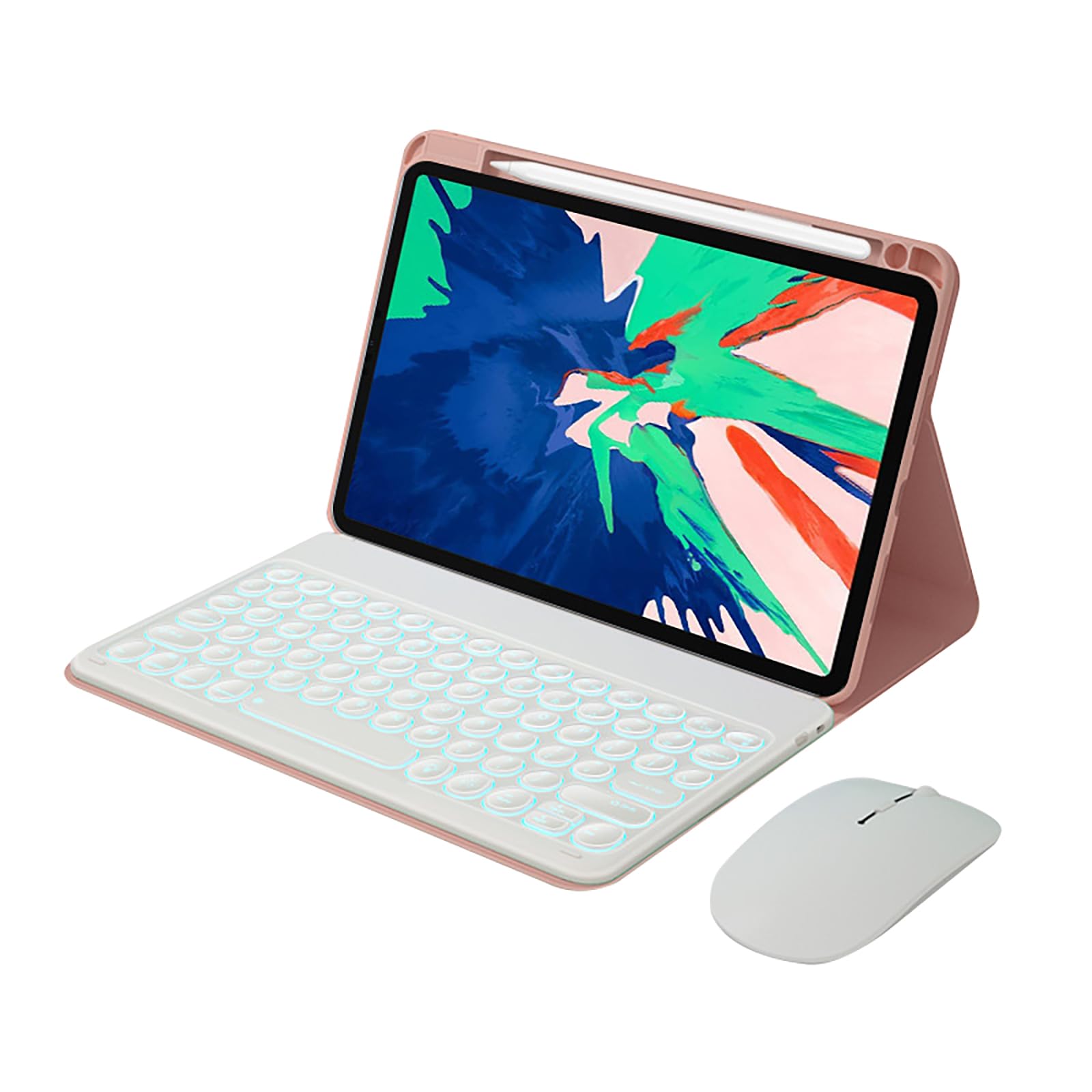 Etui na klawiaturę do Pad 6S Pro 12,4 cala 2024, odłączana bezprzewodowa klawiatura Bluetooth, mysz Bluetooth, 7-kolorowe podświetlenie, różowe A