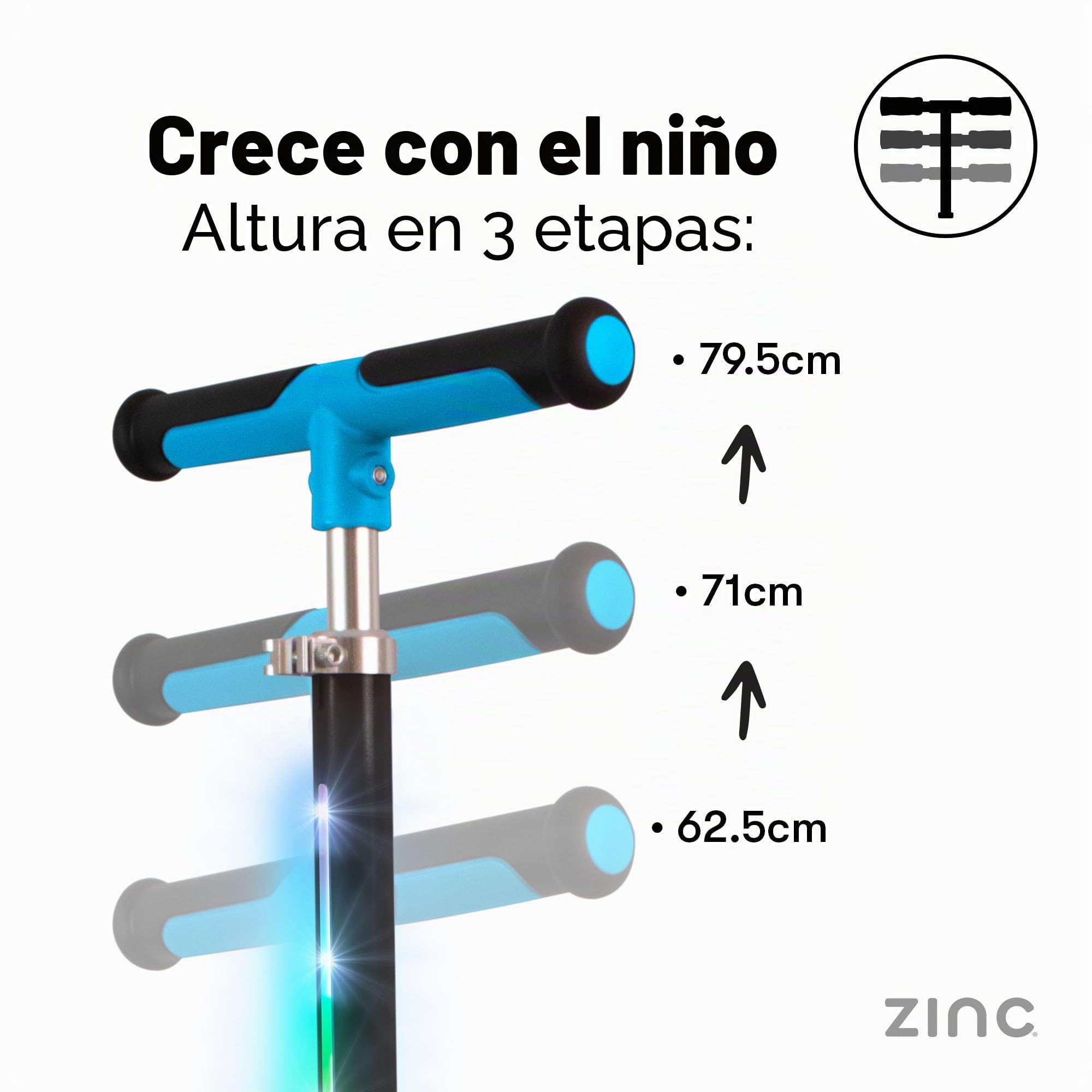 Zinc T-Motion Shine - Patinete para niños a partir de 3 años, plegable de tres ruedas para niños y niñas con cubierta y ruedas con luz LED, manubrio ajustable, controles de inclinación y dirección,