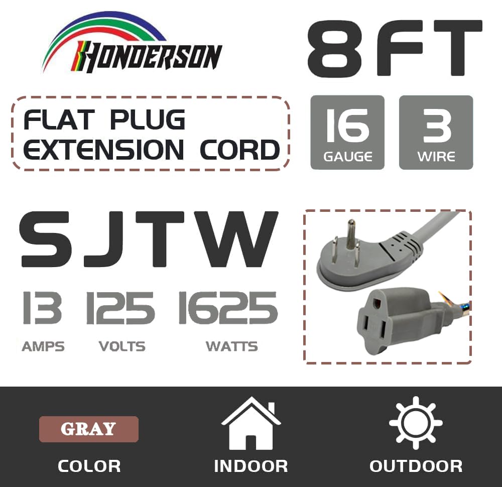 Cable de extensión de enchufe plano para interiores, con certificación UL, calibre 16 de 8 pies, cable de extensión resistente de 3 clavijas, cable de extensión de alimentación SJTW 13A