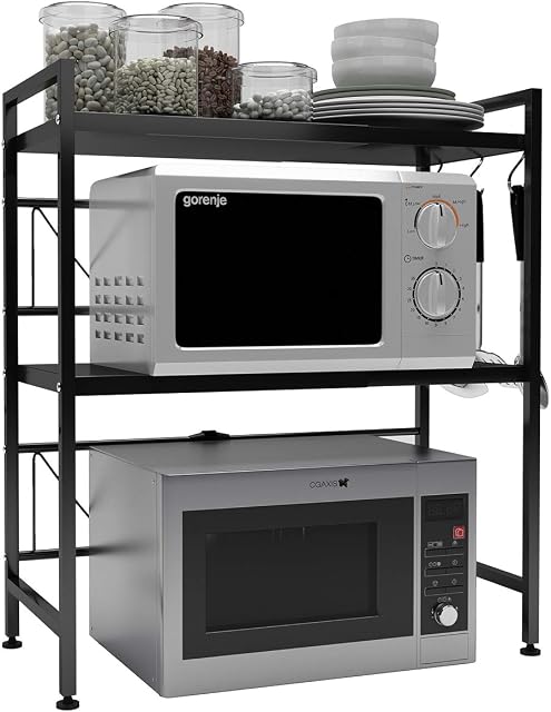 DAWNYIELD 3 Tier Extendable Microwave Oven Rack Shelf with 3 Hanging Hooks Microwave Stand with Storage for Kitchen Counter Organiser Printer Stand