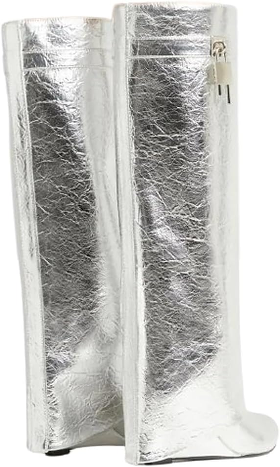 LEMONADE Women Fold Over Wedge Boots Padlock Knee High Fashion Pull On Boots