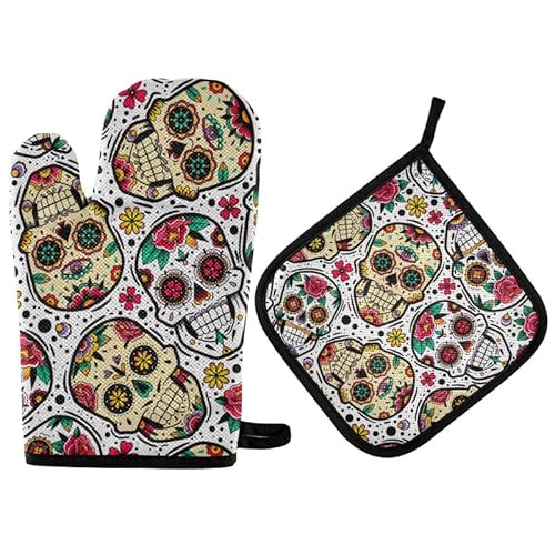 Mexican Sugar Skulls Oven Mitts Pot Holder Set Halloween Day of The Dead Kitchen Decor Cooking Stove Gloves Heat Resistant Hot Pads Recycled for BBQ Baking Grilling