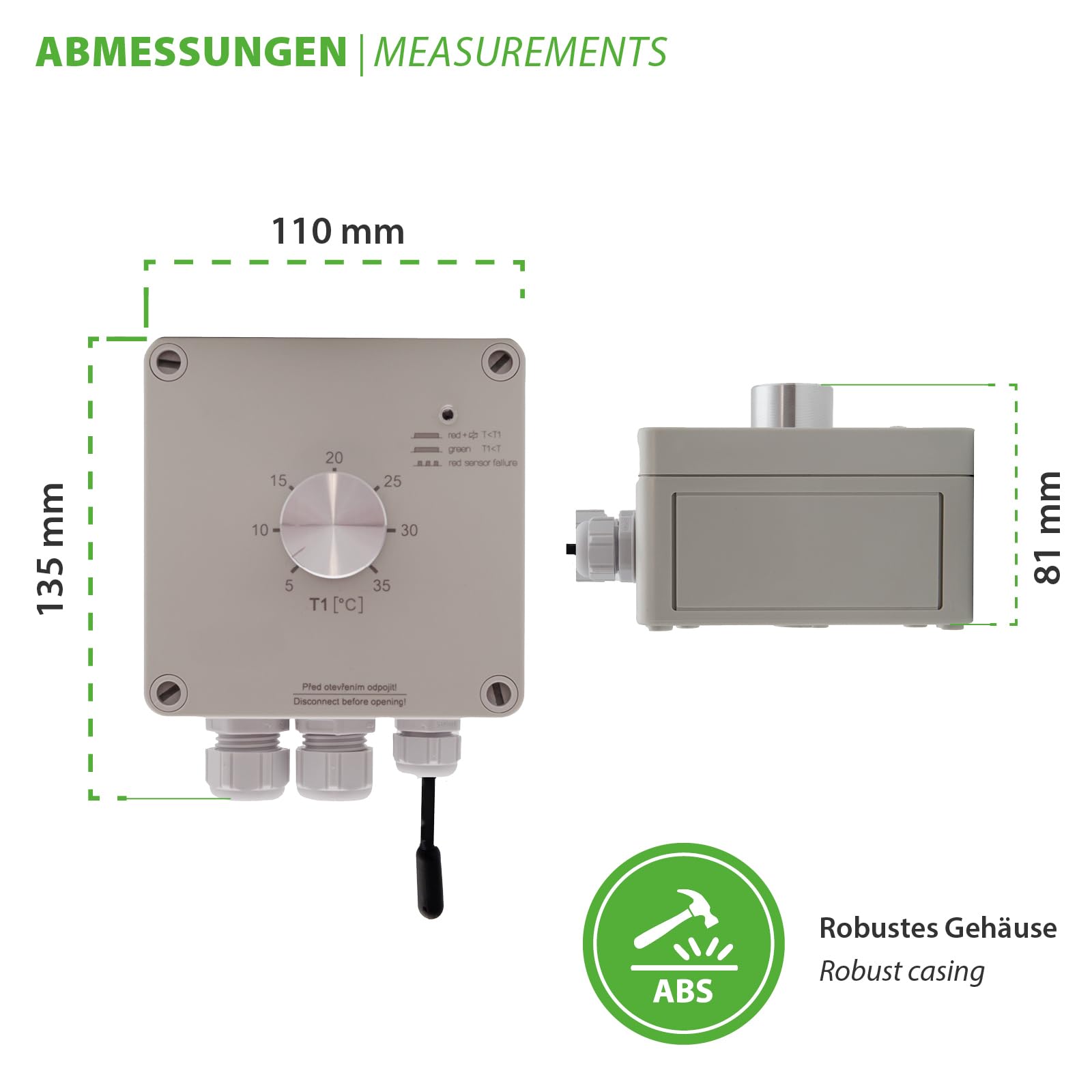 Régulateur de température TEV-3 en saillie - Thermostat avec sortie de commutation NC/NO - Capteur externe - Pour appareils de refroidissement et de chauffage