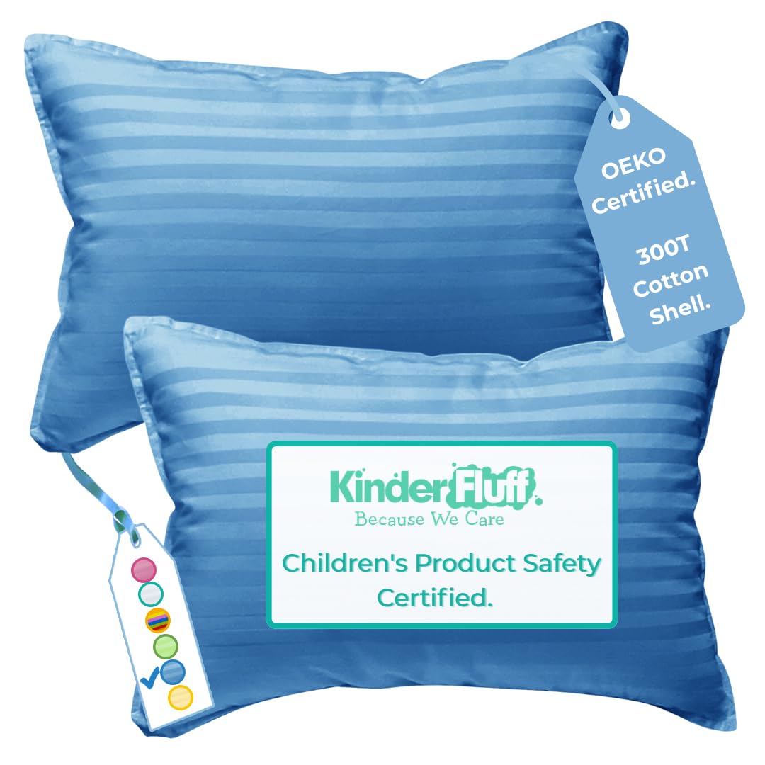 kinder Fluff Children Pillow (2pk) - The only Pillows 300T Soft Cotton & Down Alternative Fill - Hypoallergenic & Machine Washable. Ideal XS Pillows for Children Bed & Travel Pillow (25x38cm- Blue)