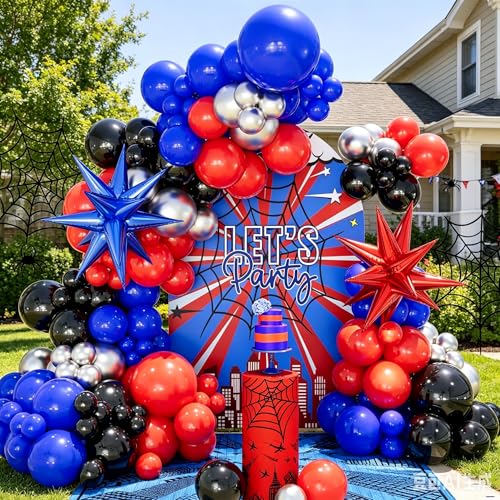 Image of CboDeco Spider Balloon Garland Arch Kit, 146PCS Red and Blue Balloons with Exploding Star Foil Balloons, Spider Theme Birthday Decorations for Boys, Party Decorations