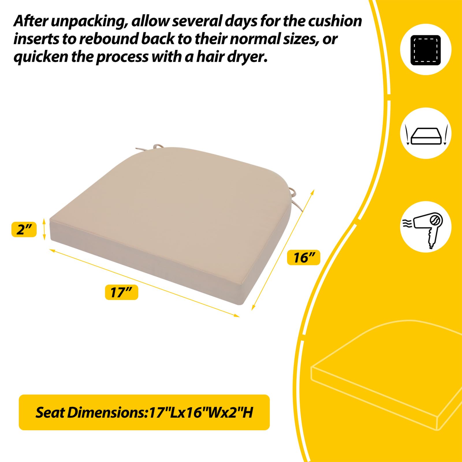 AAAAAcessories Seat Cushions for Patio Furniture, Waterproof Replacement Patio Chair Cushions, Set of 4, 17 x 16 x 2 Inch, Beige