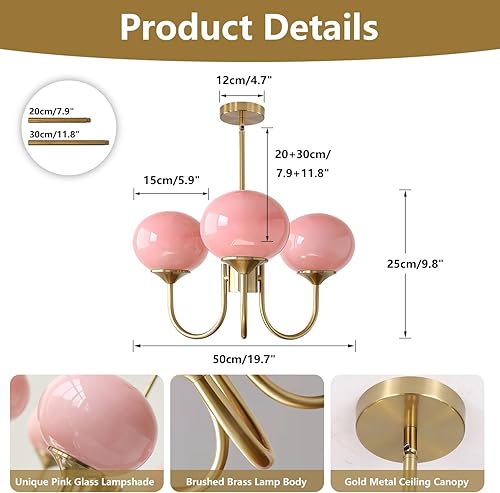 Miniatura 2 de BOKT Candelabro Sputnik moderno de color rosa cepillado con globo dorado Sputnik, 3 luces colgantes de cristal de mediados de siglo, altura