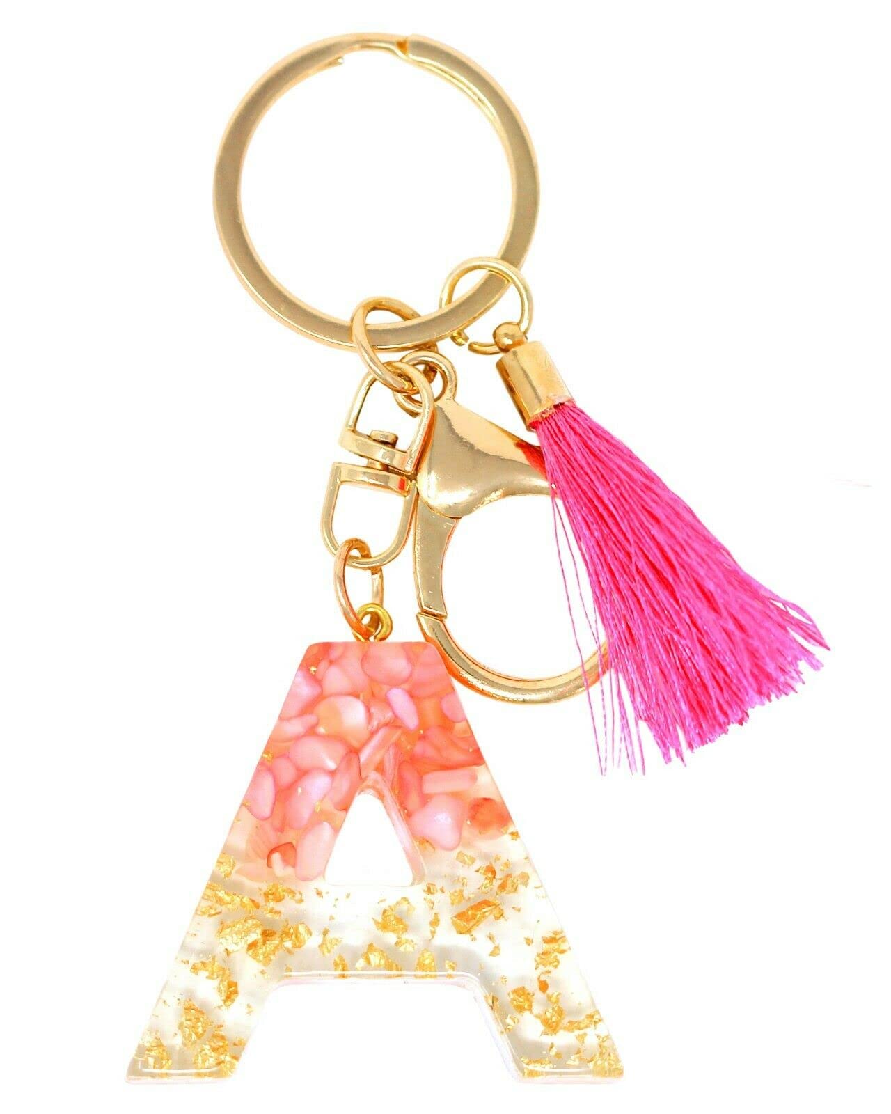 Rohans Pink and Gold Resin Alphabet Initial Letter Keychain, Bag Charm, Key Ring with Lobster Clasp (A)