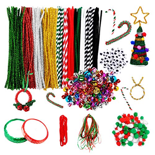 Niceclub 400 Pcs Christmas Pipe Cleaners Set, Including 150 Pcs Chenille Stems and 70 Pcs Christmas Bells, Pom Poms and Wiggle Eyes for Craft DIY Art Supplies