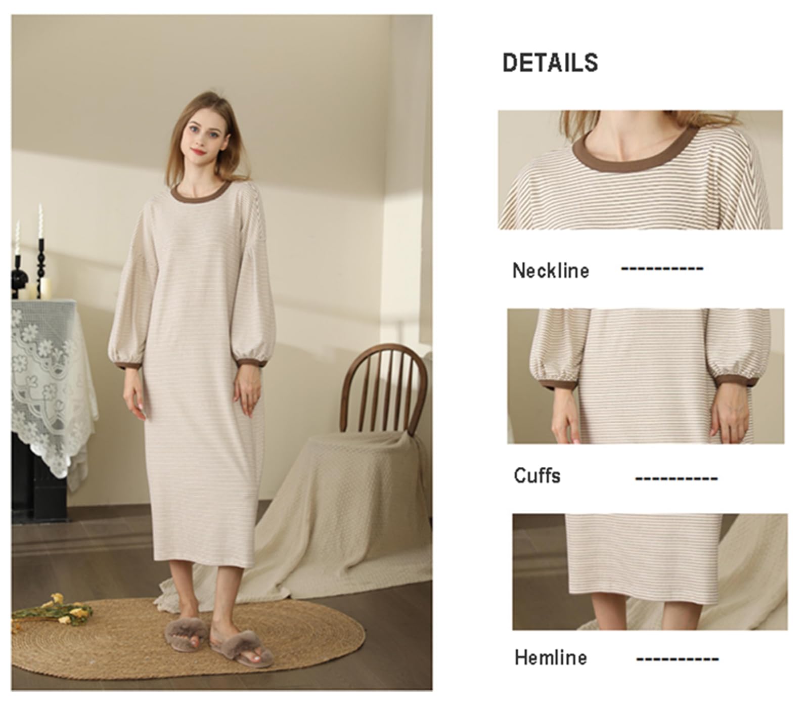 Generic Długie koszule nocne w paski dla kobiet, miękka koszulka nocna z okrągłym dekoltem luźna bielizna nocna Fit Pullover,Curry stripe,One Size