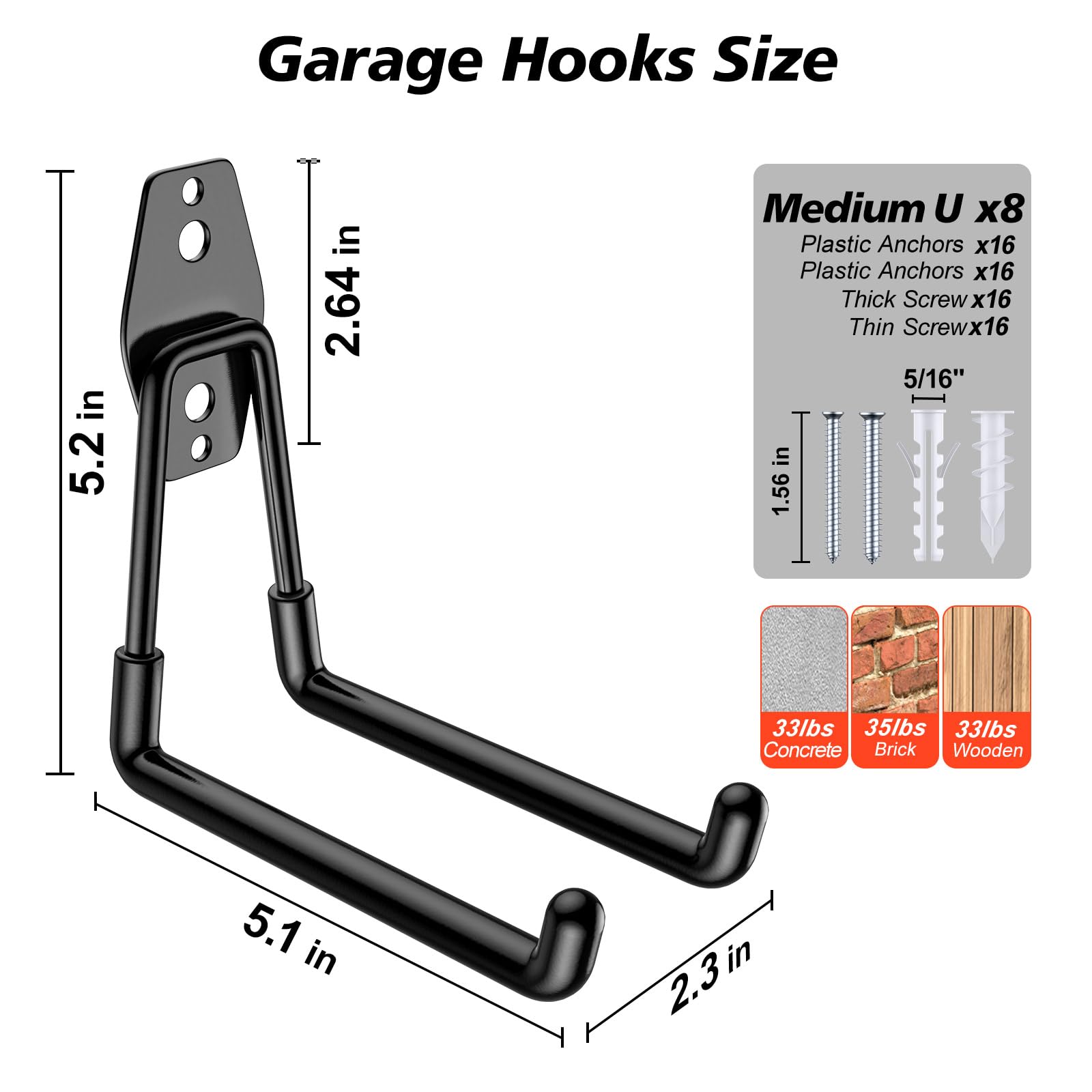 MIKRUI 8 Pack 5.2x5.1 inch U Heavy Duty Garage Hooks,Solid Steel Wall Mount Hangers,with Anti-Slip Coating,for Hanging and Organising Ladder,Bike,Ropes,Broom,Garden,Yard and Power Tools