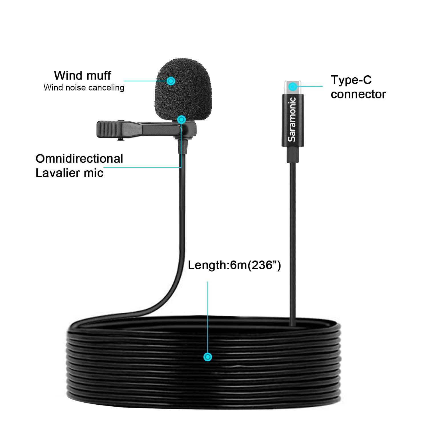 Saramonic Microfoni LavMicro U3B, Plug & Play Microfono Lavalier omnidirezionale per smartphone, tablet dispositivi USB-C, ideale per vlogging, riprese, registrazione, live streaming (236,22 ″)