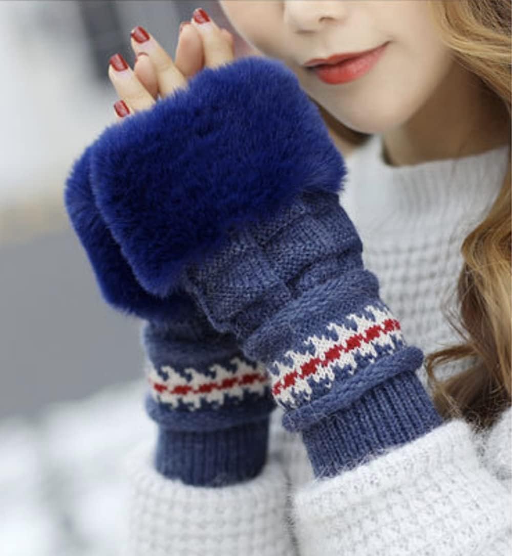 Roll Up Women's Girls Cute Winter Cozy Earflap Knitted Pom Pom Ski Cap Hat Beanies with matching Glove Mitten Set