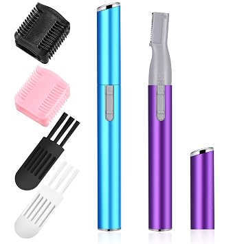 Chumia 2 Pcs Electric Eyebrow Trimmer Women Precision Face Razors Mini Shaver with Comb Christmas Women Gift Battery Operated Personal Epilator for Face Neck Fuzz Lips LegSky Blue, Purple