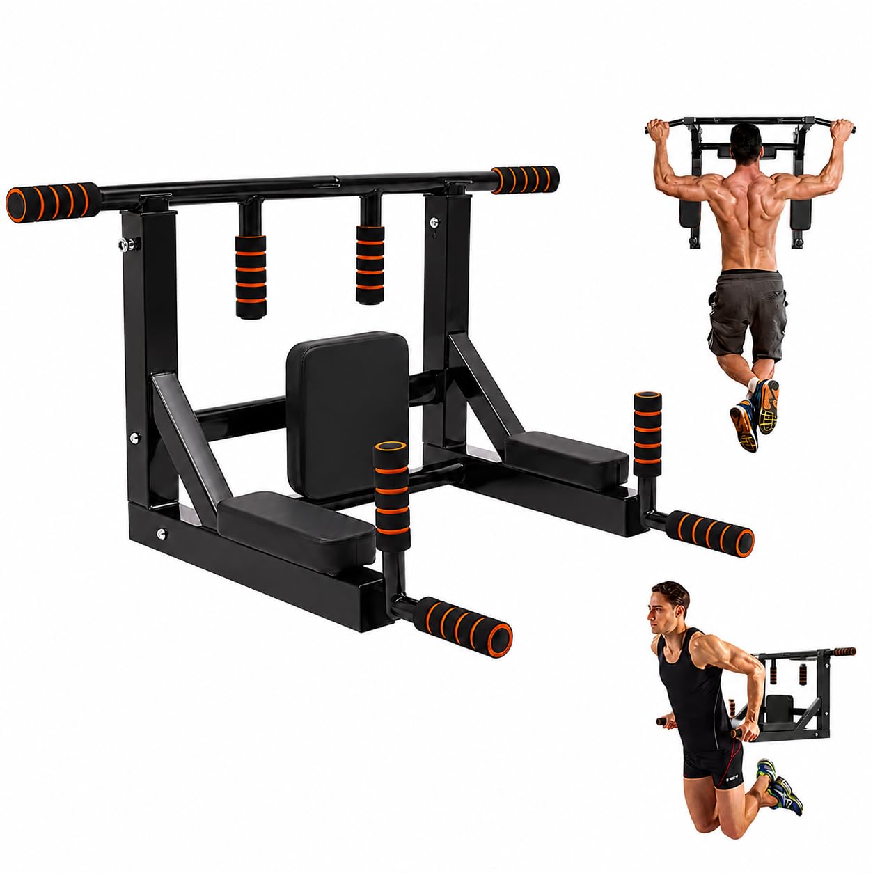 Barra de tracción 4 en 1 para montaje en pared, aptitud para montaje en pared, soporte de pared, estación de dip para gimnasio en interior en casa, asas antideslizantes, Max 200 kg, negro